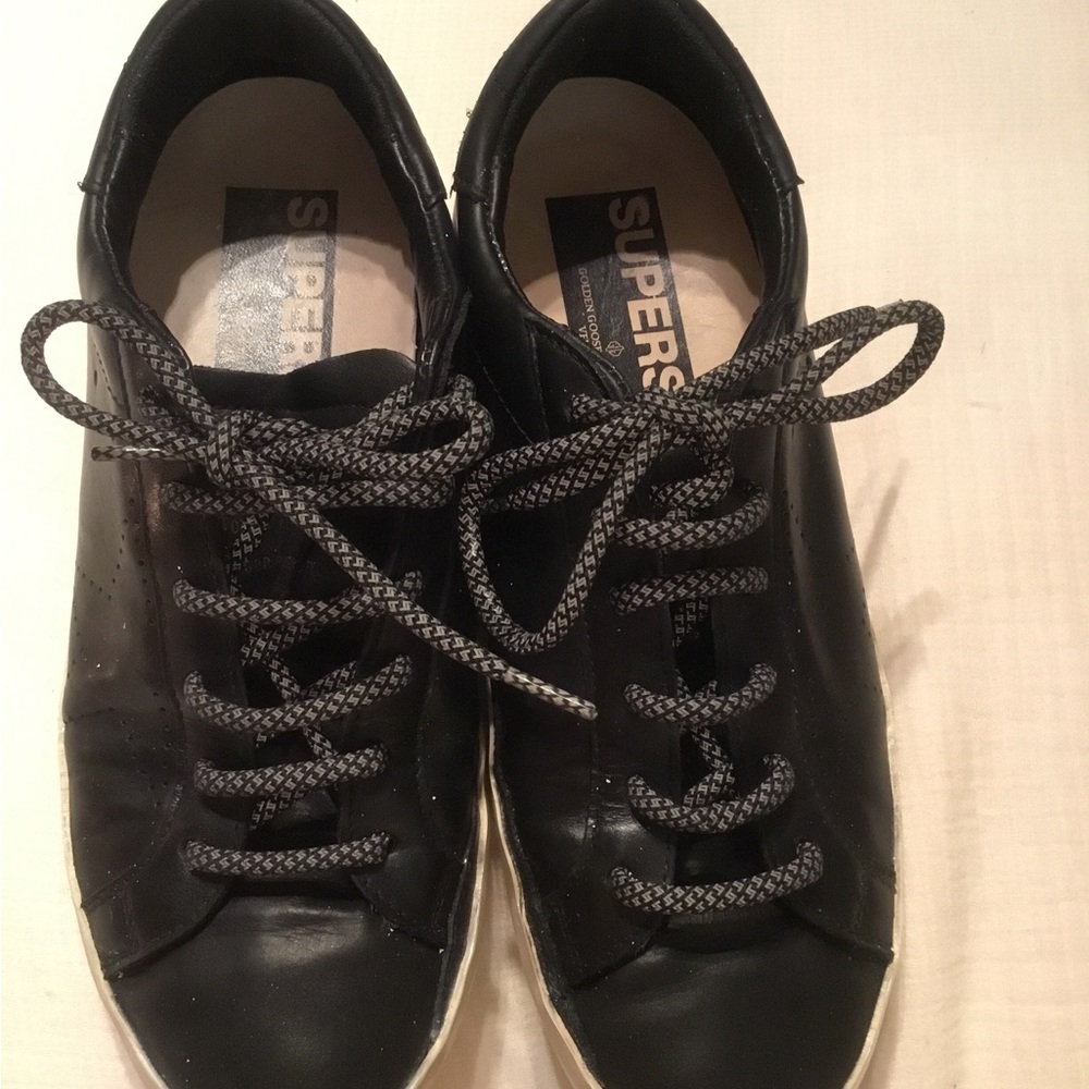Black Leather Lace-Up Sneakers with Patterned Laces